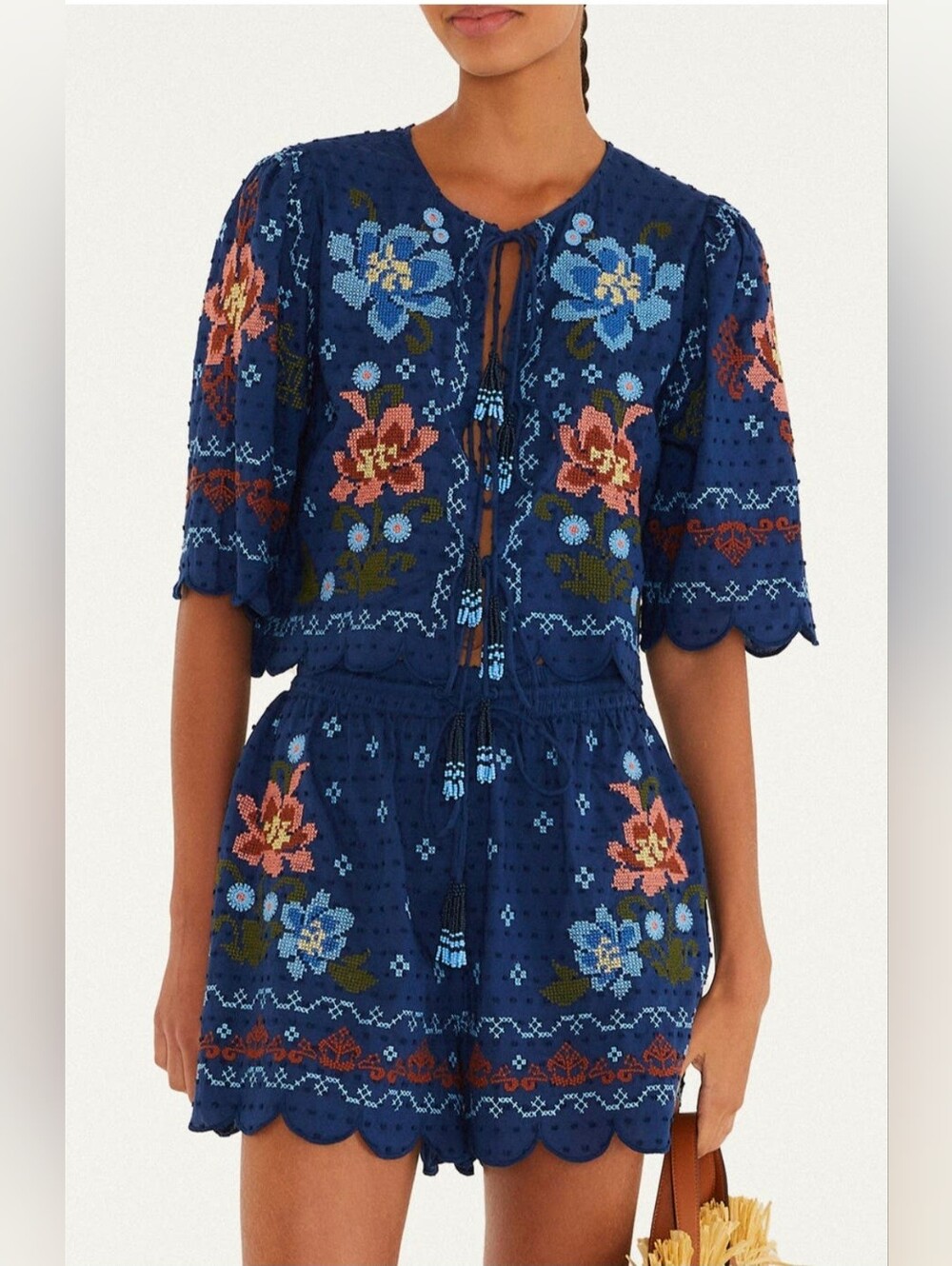 FARM Rio Stitched Garden Dark Blue Embroidered Set Scalloped Hem